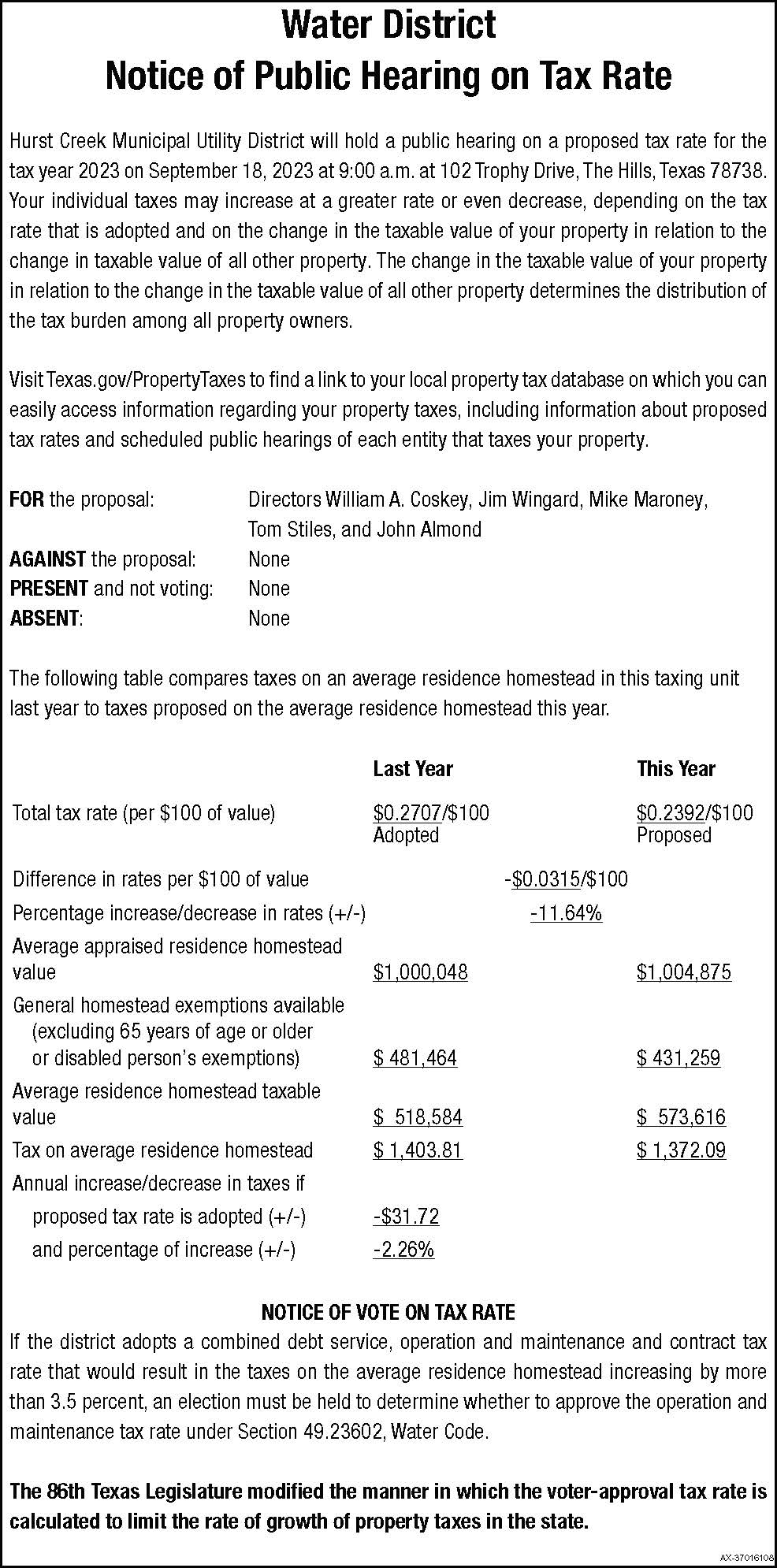 Notice of Public Hearing on Tax Rate  - 2023